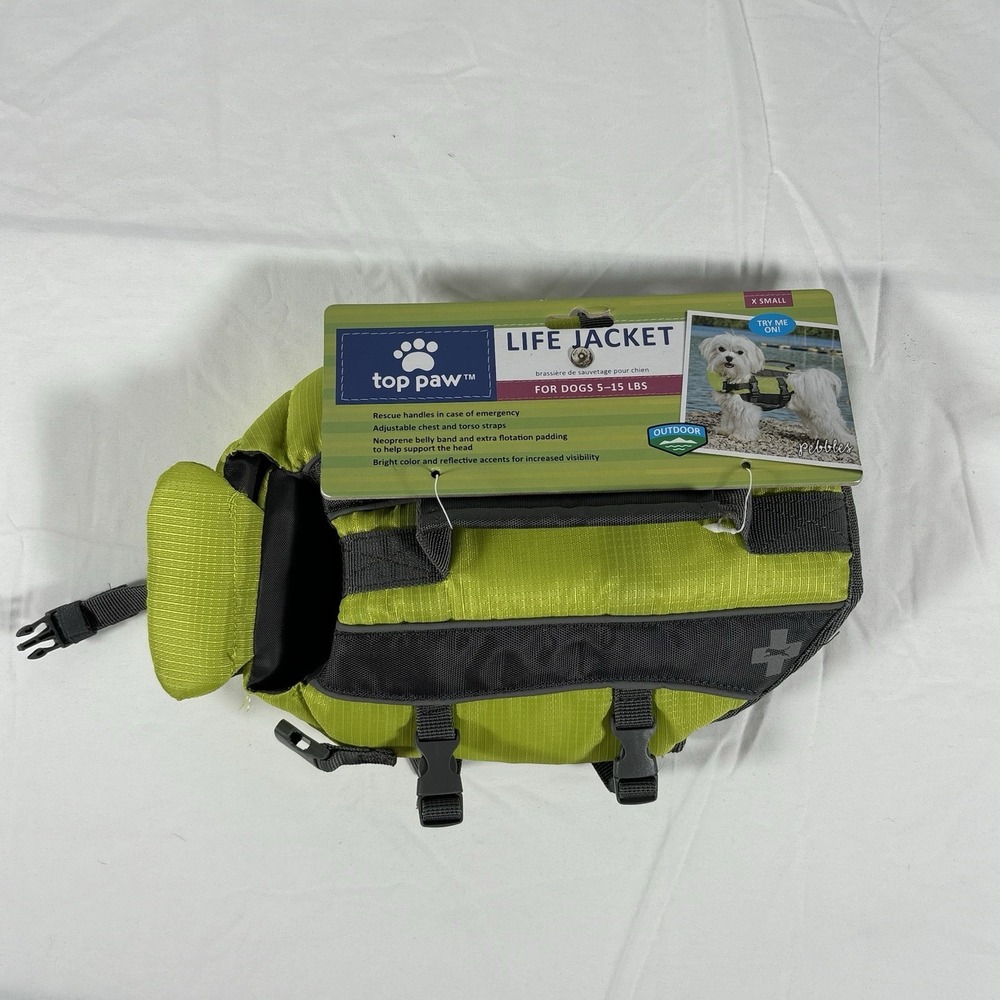 Top Paw Lime Green Gray Dog Life‎ Jacket XS Flotation Vest 5-15 lbs